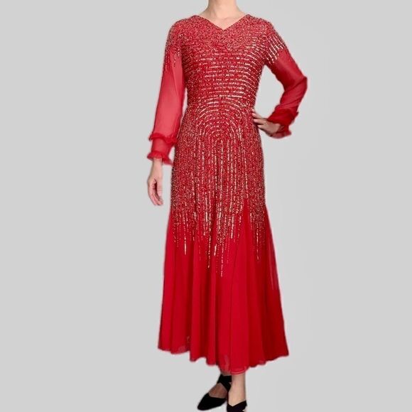 Vintage Red long-sleeve  beaded and sequined chiffon evening dress - Picture 7 of 14